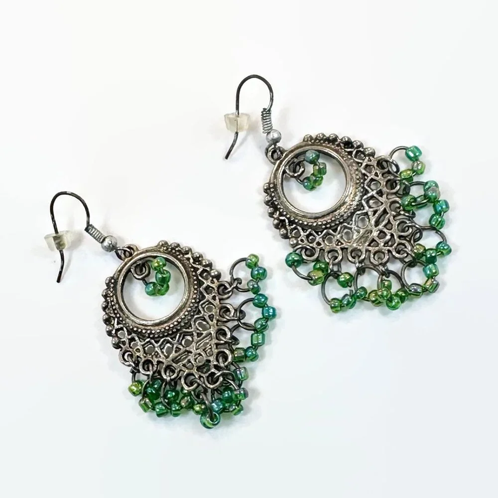 Boho Dangle Earrings: Iridescent Green Glass Beads, Silver Tone